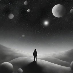 A melancholic scene set in outer space, depicting a lonely figure floating amidst the stars