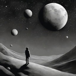 A melancholic scene set in outer space, depicting a lonely figure floating amidst the stars