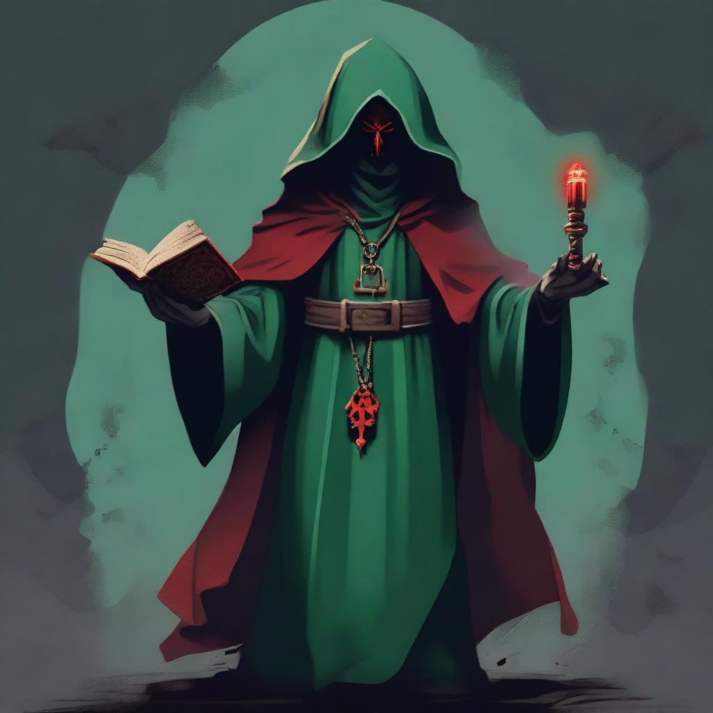 A standing full-body red-eyed high priest cultist wearing a dark green tunic and a red hood