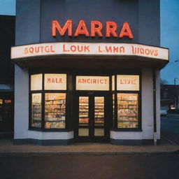 A well-lit, inviting liquor store facade at dusk. The signpost above the front door boldly displays 'Mara Liquor' in vintage-style marquee letters.