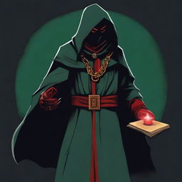 A standing full-body red-eyed high priest cultist wearing a dark green tunic and a red hood