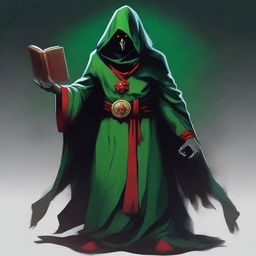 A standing full-body red-eyed high priest cultist wearing a dark green tunic and a red hood