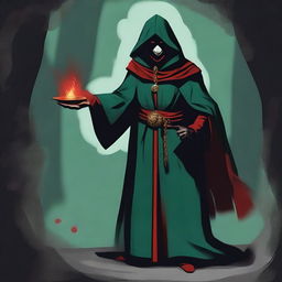 A standing full-body red-eyed high priest cultist wearing a dark green tunic and a red hood