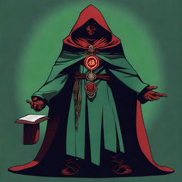 A standing full-body red-eyed high priest cultist wearing a dark green tunic and a red hood