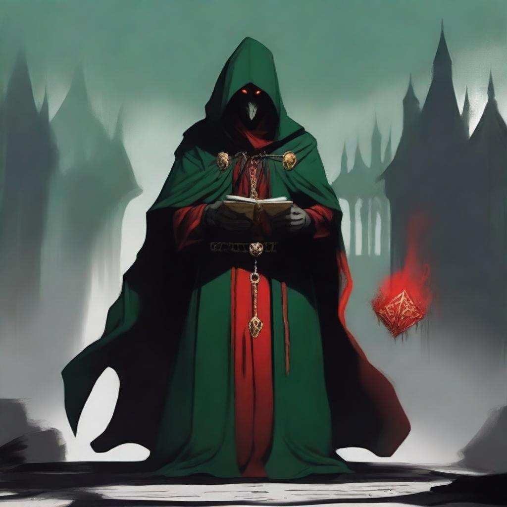 A standing full-body red-eyed high priest cultist wearing a dark green tunic and a red hood