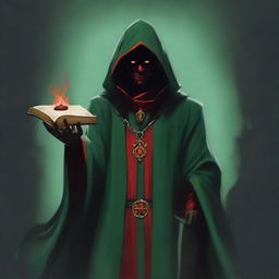 A standing full-body red-eyed high priest cultist wearing a dark green tunic and a red hood