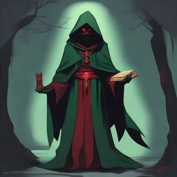 A standing full-body red-eyed high priest cultist wearing a dark green tunic and a red hood