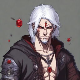 A Dungeons and Dragons human male character with white hair and red eyes, resembling an assassin