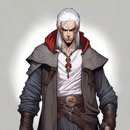 A Dungeons and Dragons human male character with white hair and red eyes, resembling an assassin