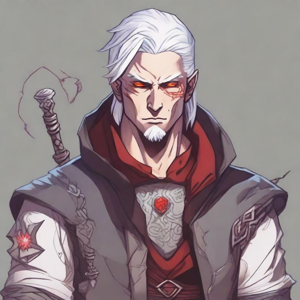 A Dungeons and Dragons human male character with white hair and red eyes, resembling an assassin