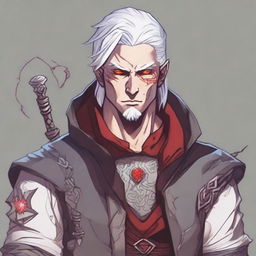 A Dungeons and Dragons human male character with white hair and red eyes, resembling an assassin