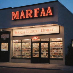 A well-lit, inviting liquor store facade at dusk. The signpost above the front door boldly displays 'Mara Liquor' in vintage-style marquee letters.