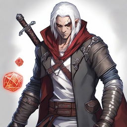 A Dungeons and Dragons human male character with white hair and red eyes, resembling an assassin