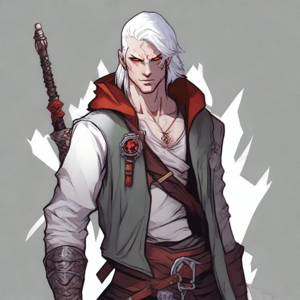 A younger Dungeons and Dragons human male character with white hair and red eyes, resembling an assassin