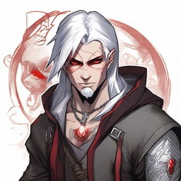 A younger Dungeons and Dragons human male character with white hair and red eyes, resembling an assassin