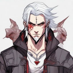 A younger Dungeons and Dragons human male character with white hair and red eyes, resembling an assassin