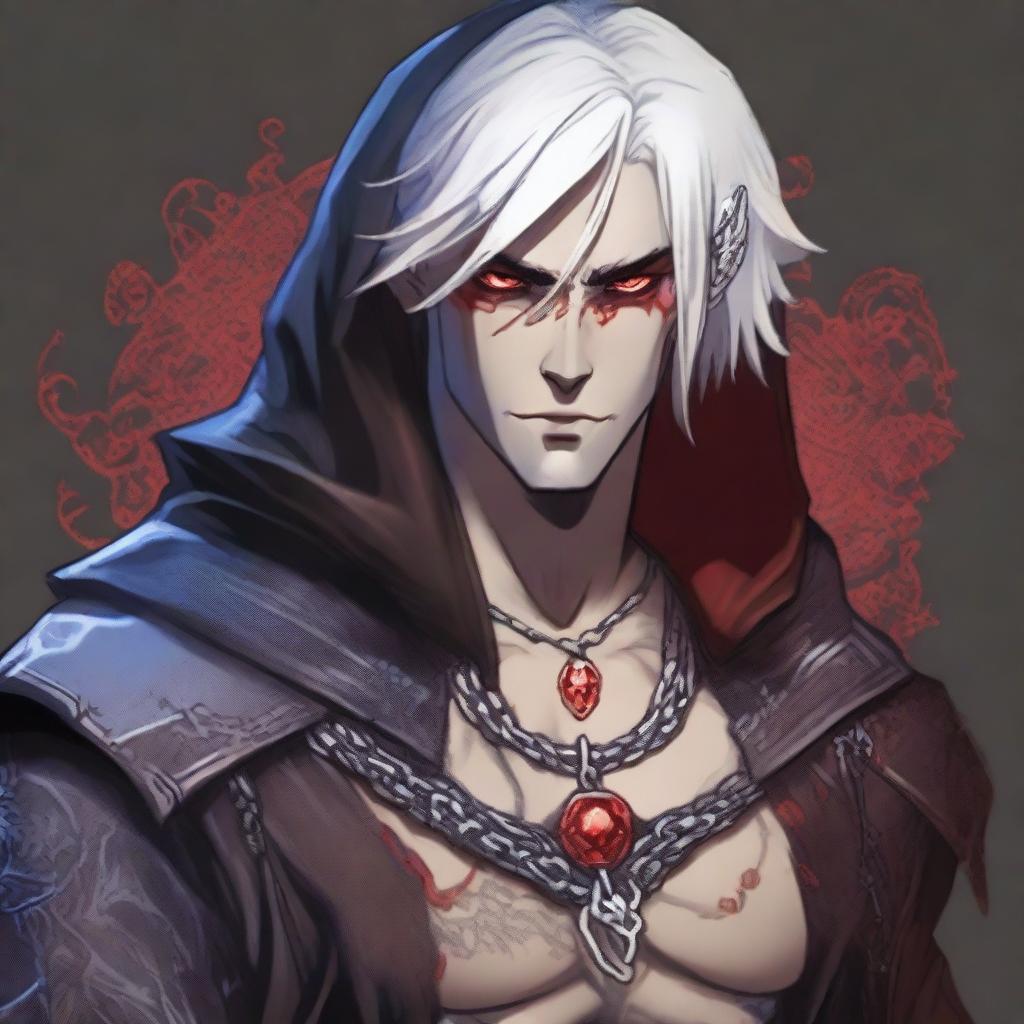 A younger Dungeons and Dragons human male character with white hair and red eyes, resembling an assassin