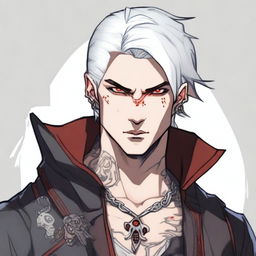 A younger Dungeons and Dragons human male character with white short hair and red eyes, resembling an assassin