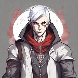 A younger Dungeons and Dragons human male character with white short hair and red eyes, resembling an assassin