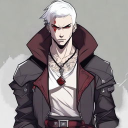 A younger Dungeons and Dragons human male character with white short hair and red eyes, resembling an assassin