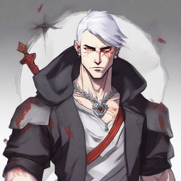 A younger Dungeons and Dragons human male character with white short hair and red eyes, resembling an assassin