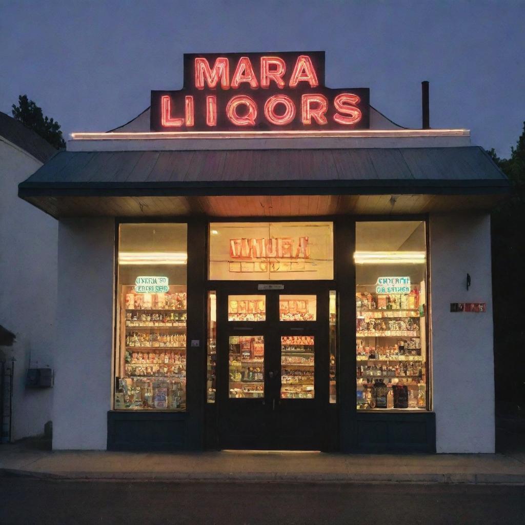 A well-lit, inviting liquor store facade at dusk. The signpost above the front door boldly displays 'Mara Liquor' in vintage-style marquee letters.