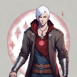 A younger Dungeons and Dragons human male character with short, messy white hair and red eyes, resembling an assassin