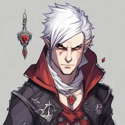 A younger Dungeons and Dragons human male character with short, messy white hair and red eyes, resembling an assassin