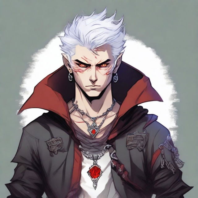 A younger Dungeons and Dragons human male character with short, messy white hair and red eyes, resembling an assassin