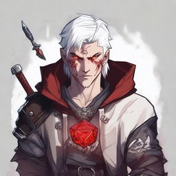 A younger Dungeons and Dragons human male character with short, messy white hair and red eyes, resembling an assassin