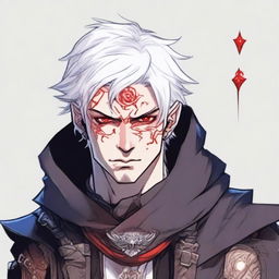 A younger Dungeons and Dragons human male character with short, messy white hair falling in front of his face and red eyes, resembling an assassin