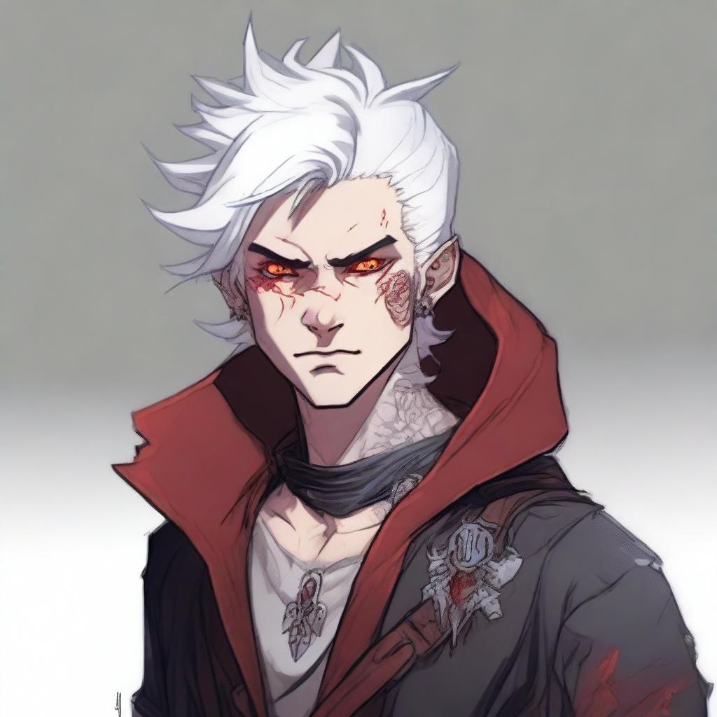 A younger Dungeons and Dragons human male character with short, messy white hair falling in front of his face and red eyes, resembling an assassin