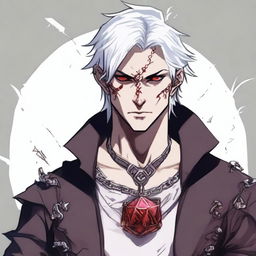 A younger Dungeons and Dragons human male character with short, messy white hair falling in front of his face and red eyes, resembling an assassin