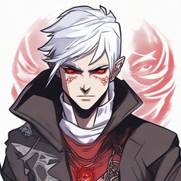 A younger Dungeons and Dragons human male character with short, messy white hair falling in front of his face and red eyes, resembling an assassin