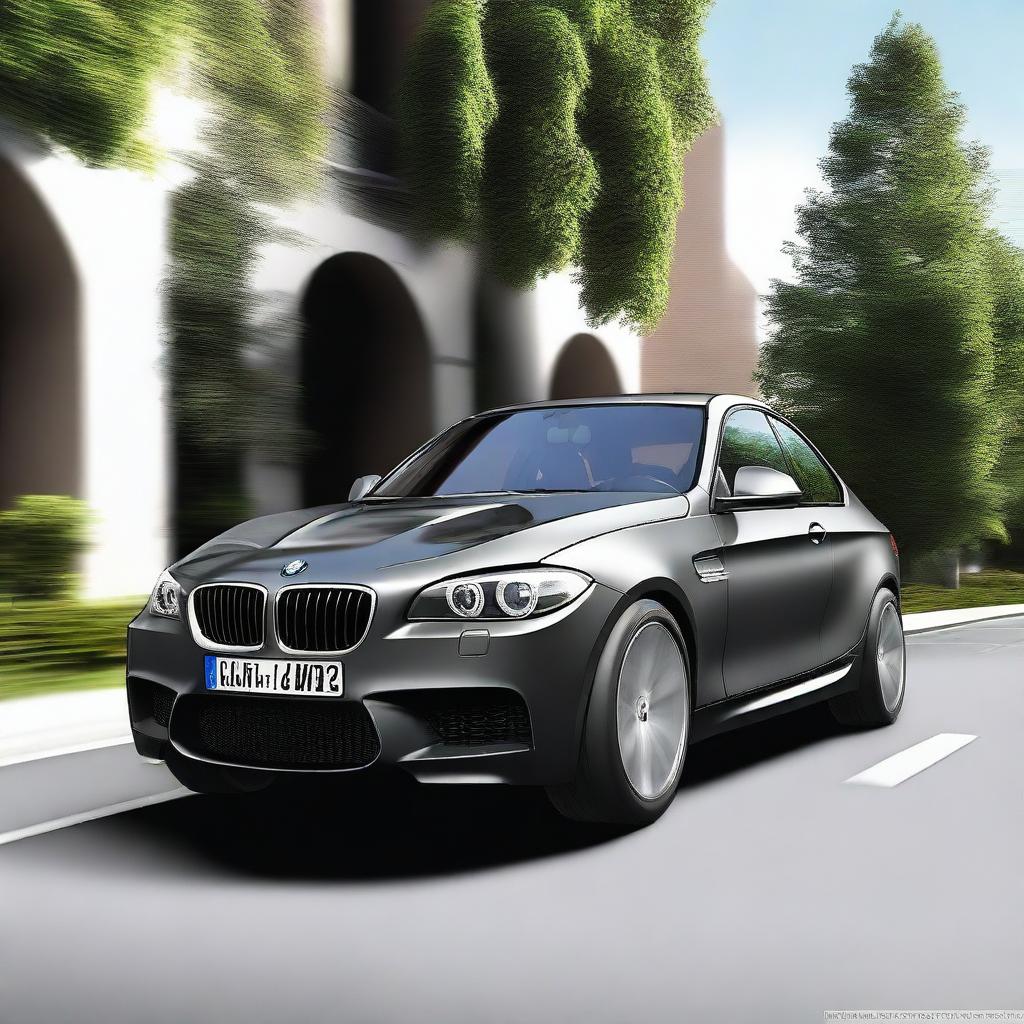 Create a highly realistic image of a dark grey 2011 BMW M Package