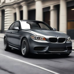 Create a highly realistic image of a dark grey 2011 BMW M Package