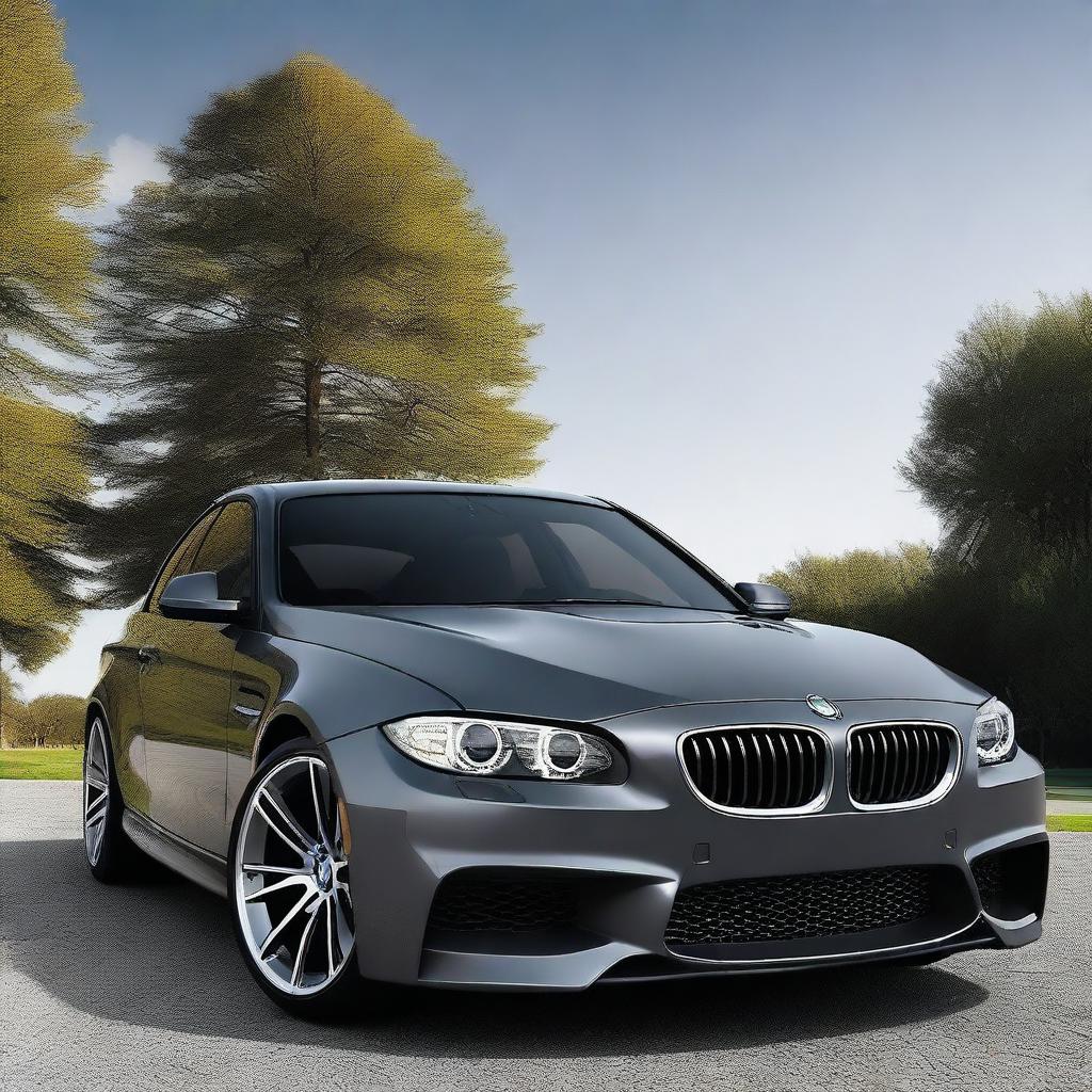 Create a highly realistic image of a dark grey 2011 BMW M Package