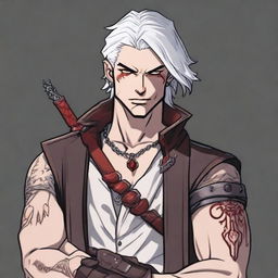 A younger Dungeons and Dragons human male character with short, white hair and red eyes, resembling an assassin