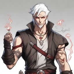 A younger Dungeons and Dragons human male character with short, white hair and red eyes, resembling an assassin