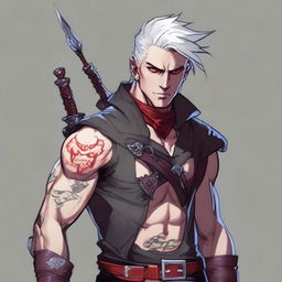 A younger Dungeons and Dragons human male character with short, white hair and red eyes, resembling an assassin