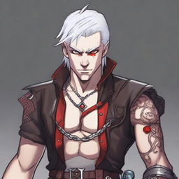 A younger Dungeons and Dragons human male character with short, white hair and red eyes, resembling an assassin