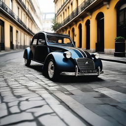 A Citroen 2CV car modified with 22-inch rims and a powerful W12 engine