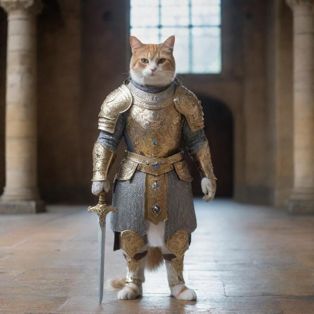 A noble cat paladin, donned in radiant plate armor with a bejeweled sword by its side, standing tall and proud within a castle's grand hall.