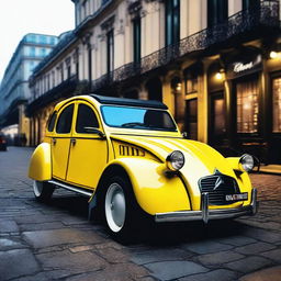 A Citroen 2CV car modified with 22-inch rims and a powerful W12 engine