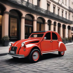 A Citroen 2CV car modified with 22-inch rims and a powerful W12 engine