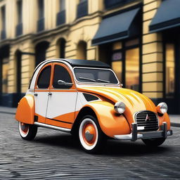 A Citroen 2CV car modified with 22-inch rims and a powerful W12 engine