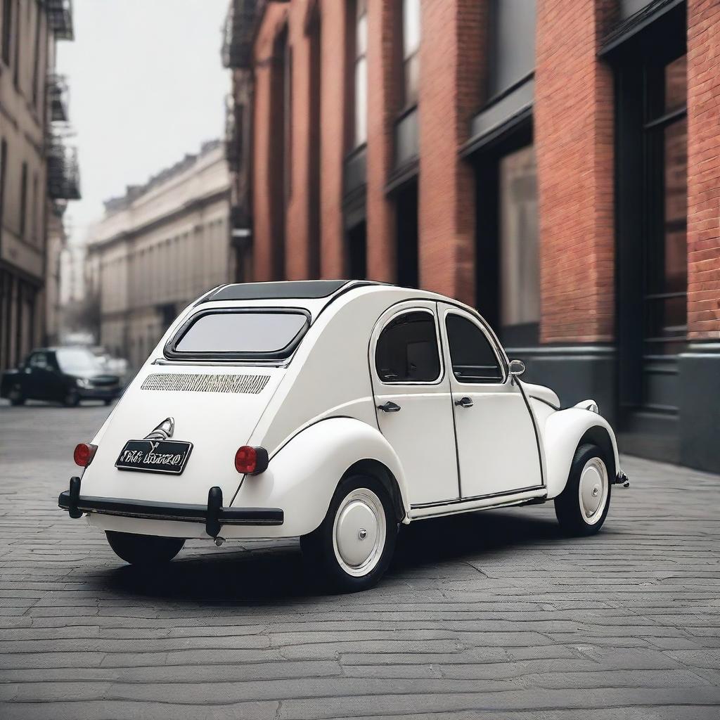 A lowered Citroen 2CV with 22-inch rims, showcasing a sleek and modern look while maintaining the classic charm of the vintage car