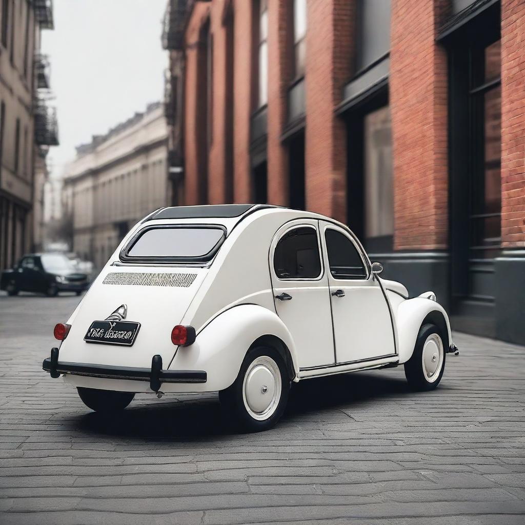 A lowered Citroen 2CV with 22-inch rims, showcasing a sleek and modern look while maintaining the classic charm of the vintage car