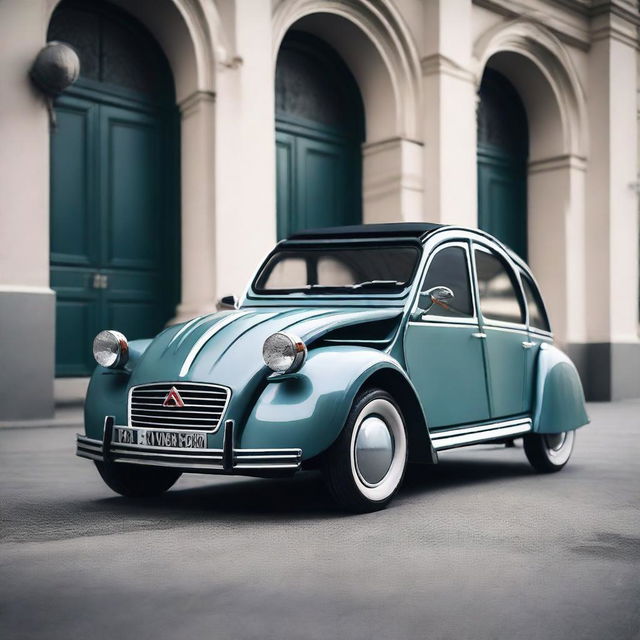 A lowered Citroen 2CV with 22-inch rims, showcasing a sleek and modern look while maintaining the classic charm of the vintage car