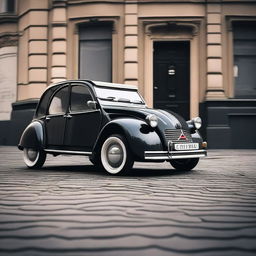 A lowered Citroen 2CV with 22-inch rims, showcasing a sleek and modern look while maintaining the classic charm of the vintage car